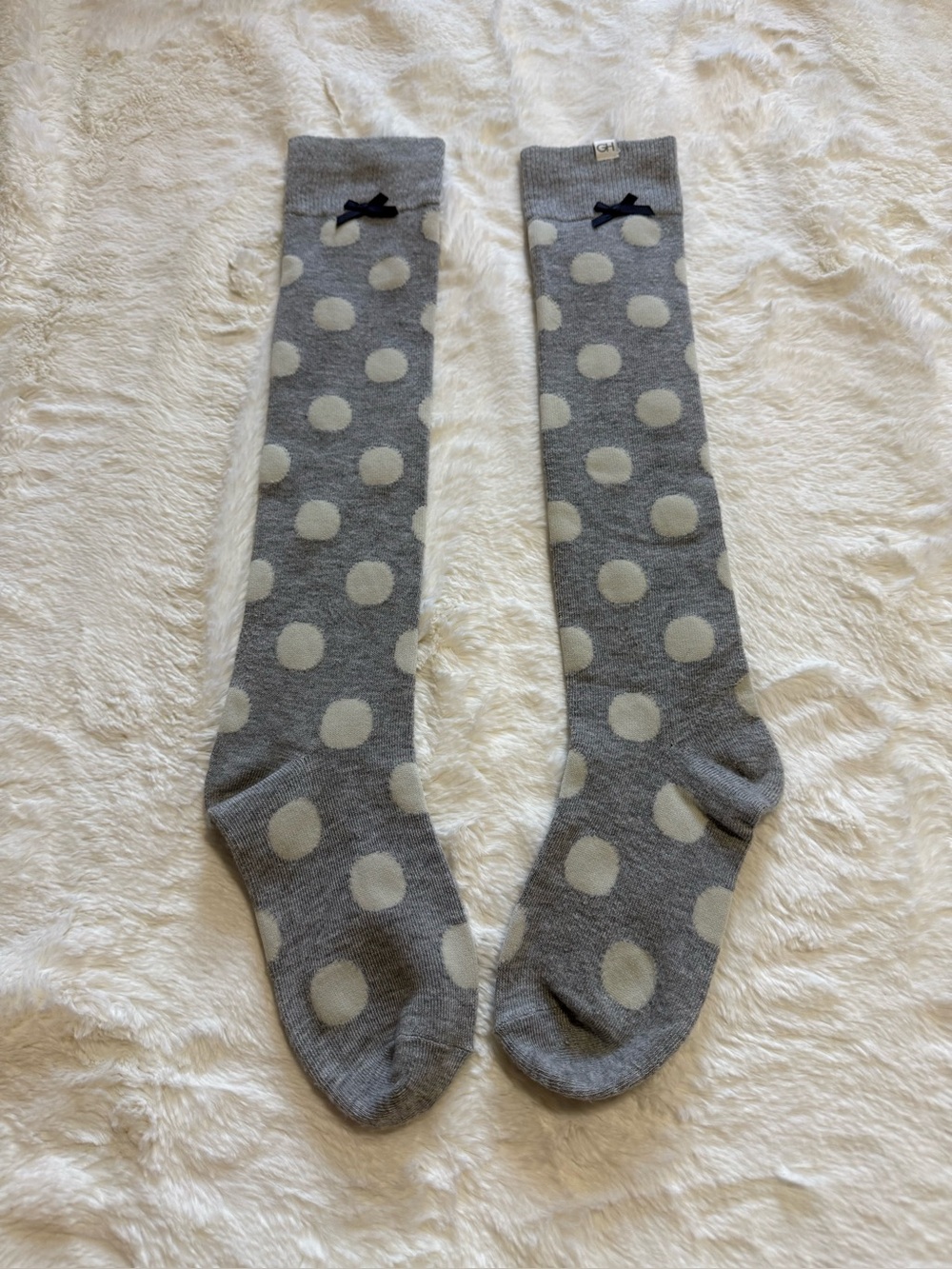 Y2K Gilly Hicks Grey Polka Dot Knee High Socks with Navy Bows